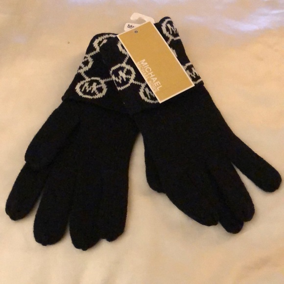 Michael Kors Black Cream Knit Gloves With Fold Over Cuff With MK Logo NWT - Picture 2 of 15